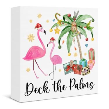 Imagem de Decoração de Natal de praia Deck the Palms Hawaiian Tropical Christmas Flamingo Sinal de caixa de madeira para casa, sala de estar, quarto, decoração de banheiro