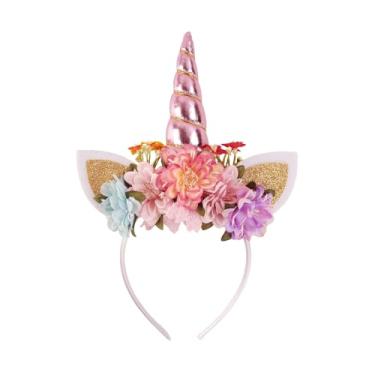 Imagem de Nishine Tiara De Unicórnio Com Imitação Flor Margarida E Glitter, Coroa Chifre Para Festa Aniversário Meninas (Rosa)