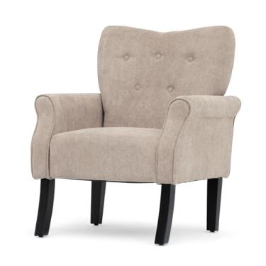 Imagem de Athena Collection Cadeira moderna de meados do século para sala de estar, cadeira de leitura estofada para adultos, poltrona de tecido de linho confortável com pernas de madeira para quarto,