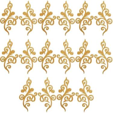 Imagem de GORGECRAFT 16 peças remendo metálico bordado folhas douradas boho apliques bordados flor videira rolagem ferro sobre aplique de renda para vestido mochilas jeans chapéus roupas costura artesanato