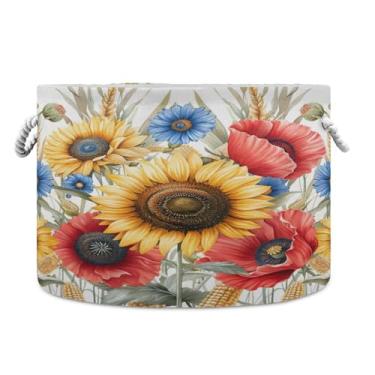 Imagem de SEHANY Cesta redonda grande de girassol amarelo com alça de corda, cesto de roupa suja de lona para armazenamento de cobertores, cesta de armazenamento infantil para quarto de banho, decoração de