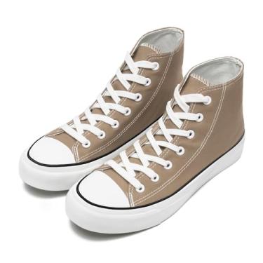 Imagem de rosyclo Tênis de lona para mulheres e homens, tênis de lona de cano alto moderno com cadarço confortável feminino clássico casual tênis caminhada, Marrom claro, 14.5 Women/13 Men