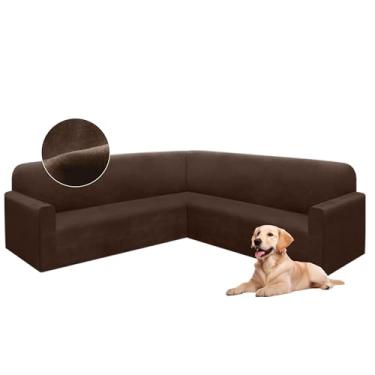 Imagem de HDCAXKJ Capas de sofá seccionais de veludo elástico em forma de L conjunto de capas de sofá macias grossas secionais em forma de U protetor de móveis mágicos antiderrapantes para cães de estimação