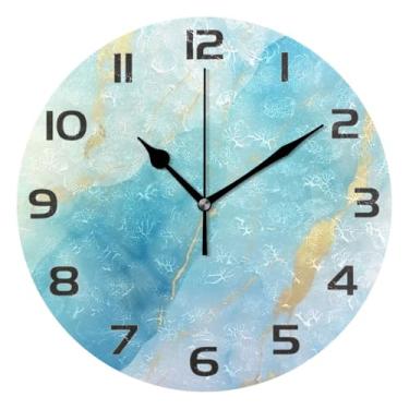 Imagem de YETTASBIN Relógio de parede de mármore dourado azul, silencioso, sem tique-taque, operado por bateria, relógio redondo decorativo criativo para cozinha, sala de estar, banheiro, decoração de