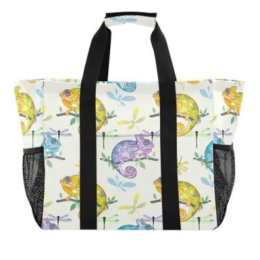 Imagem de Wassud Sacolas de compras reutilizáveis Chameleons grande bolsa organizadora de lona impermeável para praia, piquenique, lavanderia, viagem