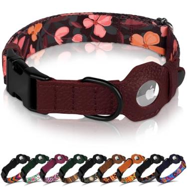 Imagem de Coleira para cães AirTag com fivela de metal - Coleira de couro macio de nylon impresso com suporte Apple AirTag - Coleiras de rastreamento seguro para animais de estimação para meninas e meninos