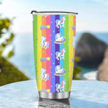 Imagem de Copos isolados, caneca de café, copo de viagem, garrafa de água, presentes para Natal, aniversário, dia das crianças, presente de aniversário, arco-íris, 590 ml, metal gelado, quente e frio, alça