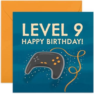 Imagem de Old English Co. Happy 9th Birthday for Gamer - Cartão de aniversário de nono aniversário de jogos para menino ou menina - Idade 9 anos | Design de controlador de videogame para filho ou filha | Em