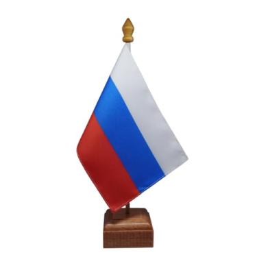 Imagem de Bandeira de Mesa Elegance, Rússia, Dupla Face, Multicolorido, 19x30cm, Base e Haste em Madeira Natural, para Escritório, Eventos, Decoração