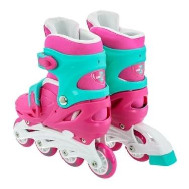 Imagem de Patins Infantil com Kit de Proteção Completo, Rosa com Detalhes Verdes, Capacete, Joelheiras, Cotoveleiras, Tamanho 30-33, +3 Anos
