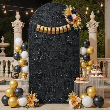 Imagem de Capa de fundo de arco de franja preta de 2,2 m com trepadeira de tinsel, cobertura de suporte de fundo Chiara com glitter - Franja metálica e elastano para decoração de casa