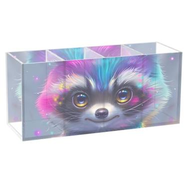 Imagem de TSENQUE Porta-lápis personalizado de guaxinim colorido arco-íris para mesa, fofo, acrílico, artesanato, porta-canetas, decoração de escritório, organizador de mesa