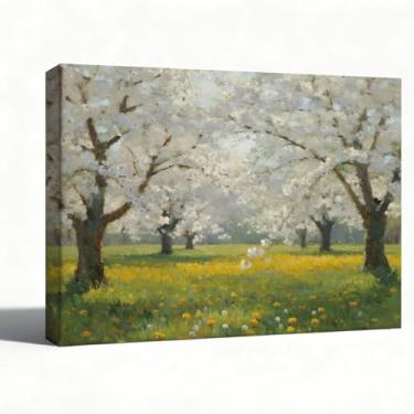 Imagem de Arte de parede de pomar de primavera, pintura a óleo de árvores brancas sobre tela, imagem de paisagem ensolarada de prado de flores silvestres, decoração de quarto de sala de estar, casa de fazenda