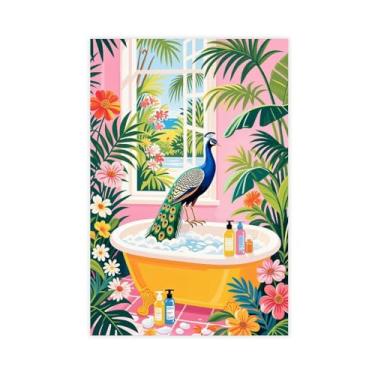 Imagem de Pôster em tela pavão na banheira decoração de banheiro rosa tropical arte de parede animal engraçado impressão colorida para casa quarto escritório dormitório sala de estar decoração Unframe 12 x 18