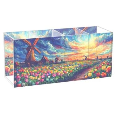Imagem de TSENQUE Porta-lápis de mesa personalizado para decoração de casa vibrante tulipa com cenário de flores para escritório, copo de acrílico para canetas