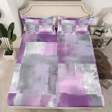 Imagem de Jogo de lençol casal abstrato cinza roxo gradiente moderno para adultos adolescentes e mulheres, lençol com elástico para decoração de quarto