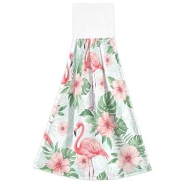 Imagem de Flores de flamingos rosa folhas de outono pendurado prato toalhas de mão forno toalha de chá conjunto de 2 altamente absorventes decoração de banheiro de cozinha fofa, 18,2 x 14 polegadas