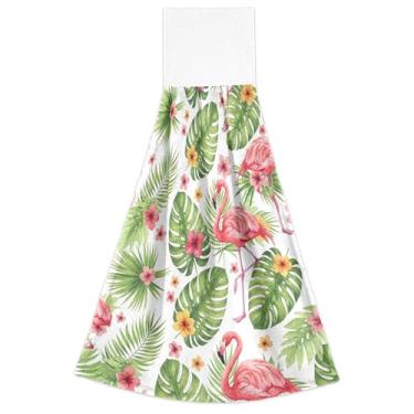 Imagem de Toalhas de mão com folhas de palmeira flamingos rosa vibrantes com laço para pendurar, conjunto de 2 toalhas de cozinha macias absorventes para decoração de casa, 46 x 35 cm