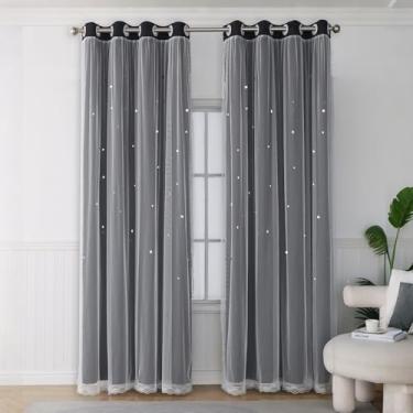 Imagem de Ftinala Cortinas blackout com sobreposição transparente – Cortina preta com recorte de estrela fofa para decoração de quarto de meninas adolescentes, 2 painéis de 2 painéis, cortinas divisórias