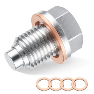 Imagem de GaRhomxy Plugue magnético de drenagem de óleo M12 × 1,25, parafuso de porca de drenagem de óleo magnético forte de aço inoxidável com arruela de extrusão de cobre de 5 peças para evitar vazamentos