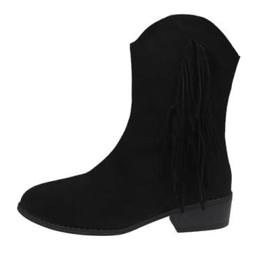 Imagem de Botas femininas quentes e versáteis, plus size, moda inverno, borla, zíper lateral, salto grosso, entressola para outono, inverno, lazer ao ar livre, Preto, 35