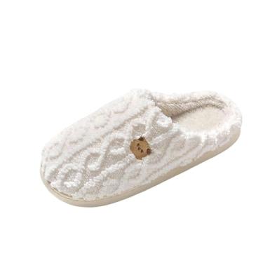 Imagem de Pantufas femininas de sola grossa com design de urso fofo e forro de lã para construção de bico fechado no outono e inverno para aquecimento e uso casual, Branco, 36