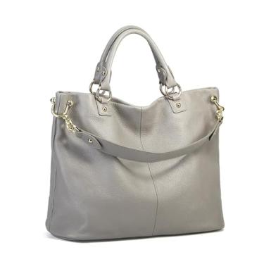 Imagem de EPANO Bolsa feminina de couro genuíno sólida casual bolsa de luxo grande capacidade elegante bolsa tiracolo bolsa de transporte, Cinza claro, 35-28-15cm