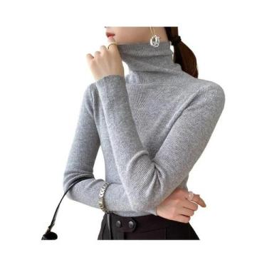 Imagem de Suéter Feminino Marrom De Gola Alta, Ajuste Slim, Casual, Pulôver Sóli