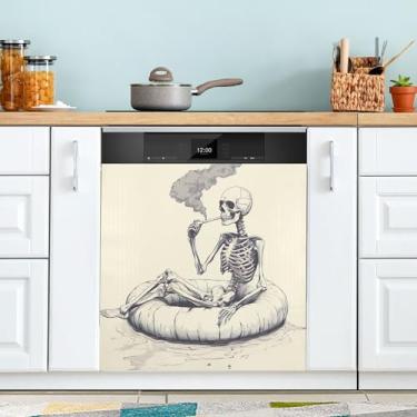 Imagem de xigua Capa de ímã de esqueleto engraçado para lava-louças, adesivos magnéticos decorativos antiarranhões para painel de geladeira e lava-louças, decoração personalizada de cozinha doméstica 58 x 66 cm