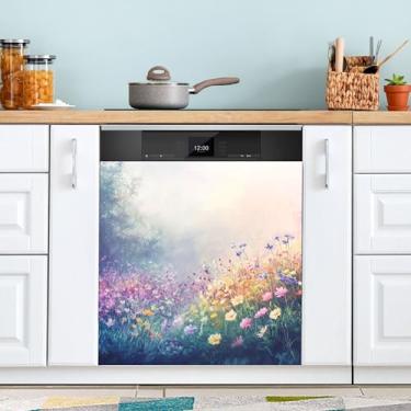 Imagem de SEHANY Capa magnética colorida de campo silvestre para lava-louças, adesivos magnéticos decorativos antiarranhões para painel de geladeira e lava-louças, decoração de flores de fazenda de cozinha