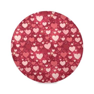 Imagem de Wassud Jogo americano vermelho com corações brilhantes tapetes de mesa redondos para cozinha e jantar tapetes laváveis resistentes ao calor decoração de mesa 39 cm