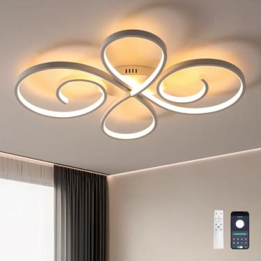 Imagem de Lustre de teto moderno e minimalista com design curvo, controle remoto por aplicativo, função de memória, dimmer, timer e 3 opções de cor de luz para sala de estar, na cor branca.