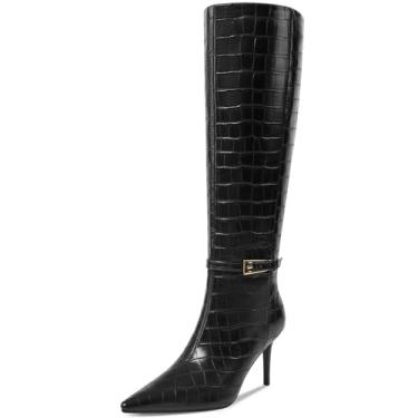 Imagem de Comjuy Botas de cano alto femininas com salto agulha de 8 cm, bico fino, salto alto, salto alto, zíper lateral, C - preto, 40