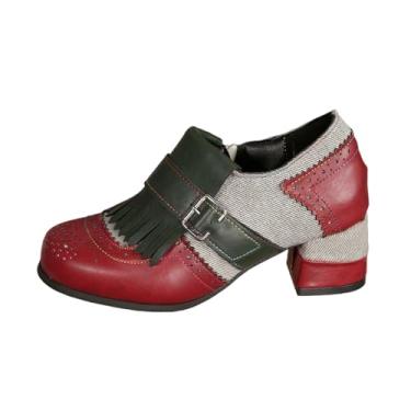 Imagem de Tênis feminino moderno e casual, versátil, estilo britânico, com costura de cor sólida, bico redondo, zíper lateral, salto grosso para uso no salto alto, Vermelho, 39