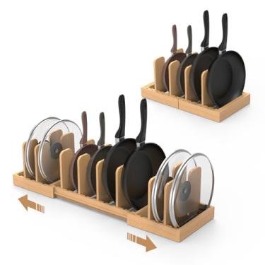 Imagem de FoverOne Organizador expansível de tampa de panela, organizador de panelas e frigideiras de bambu para embaixo do armário, comprimento ajustável de 40 a 71 cm e 8 divisórias