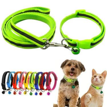 Imagem de Conjunto de coleira de cachorro XXS com coleira de sino, coleiras reflexivas básicas de nylon para meninos e meninas, PP, gatos, animais pequenos, animais de estimação, gatinho, verde fluorescente