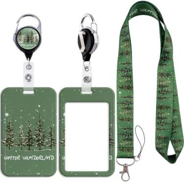 Imagem de Cordão de inverno para crachás de identificação, suporte de crachá verde sálvia com clipe retrátil de carretel para chaveiro com suporte de identidade, protetor de cartão de nome vertical para