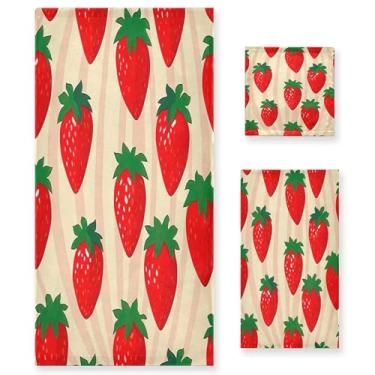 Imagem de xigua Conjunto de toalhas de banheiro com padrão de morango, toalha de banho macia absorvente de 3 peças, toalha de mão, toalhas decorativas para banheiro, academia, hotel, praia, piscina