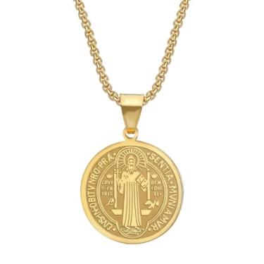 Imagem de DNBVII Colar de medalha de São Bento para homens e mulheres, pingente de proteção católica dupla face de aço inoxidável, medalhão de São Bento, amuleto de exorcismo para bênção da fé, corrente