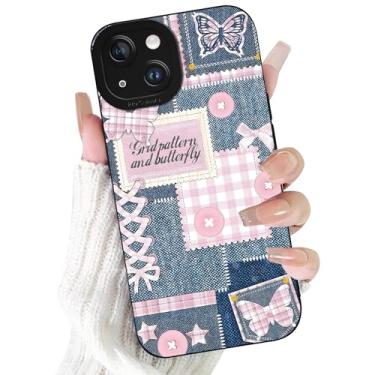 Imagem de FBHGLOA Capa de telefone para iPhone 14 de 6,1 polegadas, retrô, bonita, rosa, tecido rosa, botões, design de retalhos, design de retalhos, capa para celular, capa protetora de borracha de gel macio