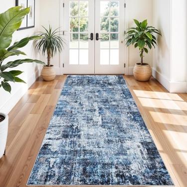 Imagem de Tapete de corredor extra largo de 1,2 x 3 m – Tapete grande antiderrapante lavável com fundo de borracha para cozinha, entrada | Tapete de piso fino abstrato moderno, baixo pelo para quarto, sala de