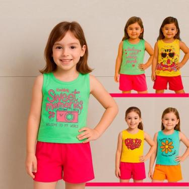 Imagem de Kit 4 peças Roupa Menina Infantil Camiseta Regata Bermuda Tamanho:10Co