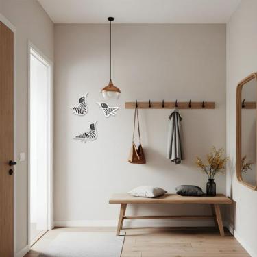 Imagem de Kit 3 pássaros de parede traços em mdf 3mm preto e prata decoração de 