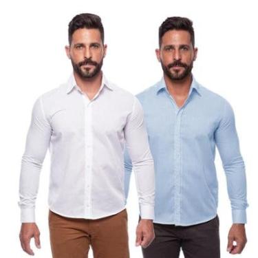 Imagem de Kit Camisa Social Masculina Manga Longa Slim 2 Peças-Masculino