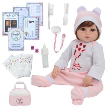 Imagem de Bebê Reborn Cabelo Longo Castanho em Roupa Girafinha Linda - Cegonha R