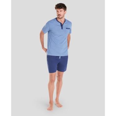 Imagem de Pijama Feminino Listrado Macio em Algodão Azul Lohe, Azul, M