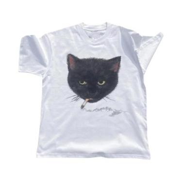 Imagem de Camiseta Cropped Branca Com Estampa Gráfica De Gato, Estilo Punk Grung
