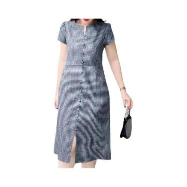 Imagem de Vestido Midi Feminino Xadrez, Casual, Verão, Gola Redonda, Manga Bufan