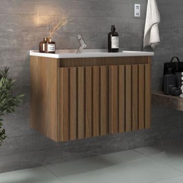 Imagem de Armário de Banheiro Barra 2 Portas com Cuba e Ripado 100% Mdf Noce - Belizze Móveis