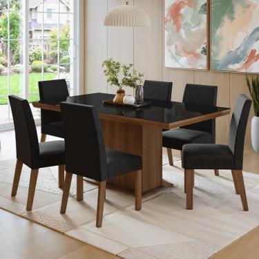 Imagem de Conjunto Sala de Jantar Alba 6 Lugares Tampo em Vidro com Moldura e Cadeiras Estofadas Oxford Marrom 160CM Madesa